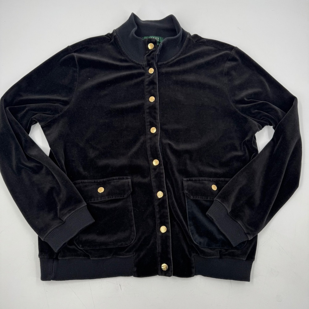 Lauren Ralph Lauren‎ Women's Velvet Velour Button Front Bomber Jacket Black XL
